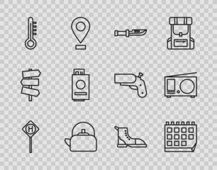 Sticker - Set line Parking, Calendar, Camping knife, Kettle with handle, Meteorology thermometer, Passport ticket, Hiking boot and Radio antenna icon. Vector