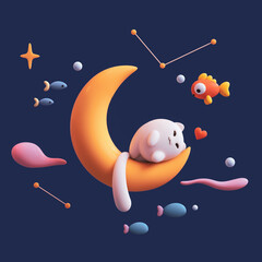 Fat fluffy white happy cat sleeps on yellow moon floating in the air with a big goldfish, pink clouds, red heart shape, small fishes. Sweet dreams. I love you. 3d render on dark blue magical backdrop.