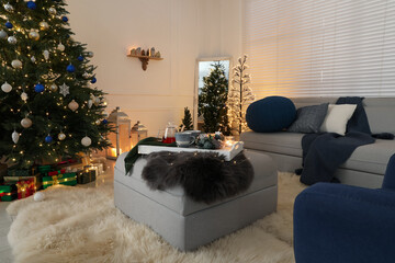 Wall Mural - Cozy living room interior with beautiful Christmas tree and furniture