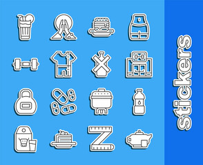 Poster - Set line Teapot with cup, Bottle of water, Gym building, Junk food, Sport track suit, Dumbbell, Fresh smoothie and No alcohol icon. Vector