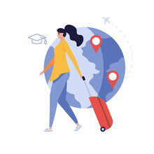 Foreign Student Walking In International High School. Concept Of Foreign Study, Global Education, Student Exchange Program, Educational Tourism. Vector Illustration In Flat Design For Web Banner