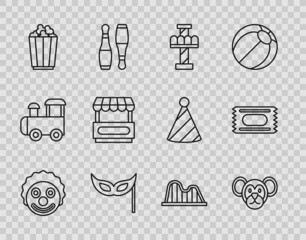 Sticker - Set line Clown head, Monkey, Attraction carousel, Festive mask, Popcorn in box, Fast street food cart, Roller coaster and Circus ticket icon. Vector