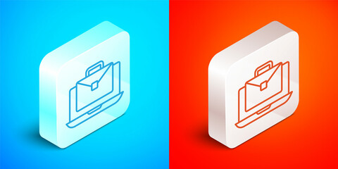 Aufkleber - Isometric line Online working icon isolated on blue and red background. Freelancer man working on laptop at his house. Remote work. Distant job concept. Silver square button. Vector