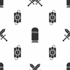 Wall Mural - Set Crossed medieval sword, Cartridges and dynamite stick and timer clock on seamless pattern. Vector