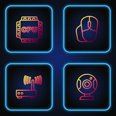 Poster - Set line Web camera, Router and wi-fi signal, Processor with CPU and Computer mouse. Gradient color icons. Vector
