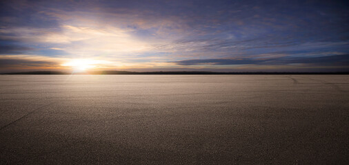 panorama empty asphalt road and tarmac floor. dramatic sunset sky