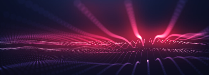 Wall Mural - abstract colorful digital particles wave with bokeh and light background, 3d render wave line dot ba