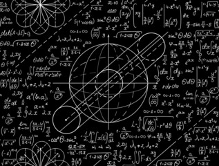 Wall Mural - Math scientific vector seamless pattern with handwritten sphere figures, formulas, calculations
