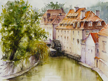 View Of Old Prague Watermill On Chertovka River, Near The Charles Bridge. Picture Created With Watercolors From My Own Photo.