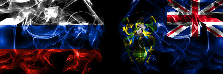 Russia, Russian vs British, Britain, Pitcairn Islands flags. Smoke flag placed side by side isolated on black background