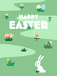 Happy Easter, Easter Egg hunt invitation. Rabbit in the garden looking for Easter eggs, cute cartoon vector illustration.