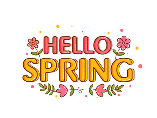 Sticker - Hello Spring Font With Floral Decorated On White Background.