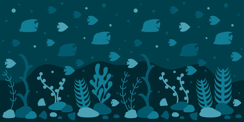 Wall Mural - Seamless underwater border, tropical fishes, corals and seaweed.