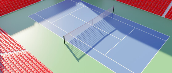 Wall Mural - Tennis stadium court outdoor. Empty open sport field with net and seats, above view. 3d render