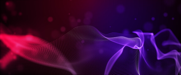Poster - Digital particle wave floor red and purple color abstract background. 3D rendering