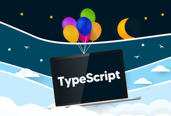 Poster - TypeScript programming language... Balloons carries laptop with word TypeScript