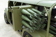 Military Vehicle With Ammunition. Mortar Shells Are Located On Artillery Combat Equipment. Close-up