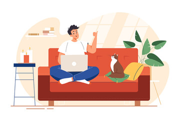 Fototapete - Man with a laptop sits on a sofa. Freelance or study concept. Man freelancer working or study from home online. Self-employed people work in comfortable conditions. Vector illustration in flat style.