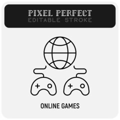 Wall Mural - Online games thin line icon. Two gamepads are connected with globe. Pixel perfect, editable stroke. Vector illustration.