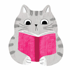 Wall Mural - Cartoon cute cat reading book vector.