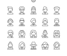 Kids Avatars. Cute Children, Boys And Girls Faces. Pixel Perfect Vector Thin Line Icons. Simple Minimal Pictogram