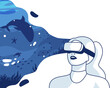 © L_Nuge - woman experiencing virtual reality using looking ocean. Metaverse digital cyber world technology vector background illustration