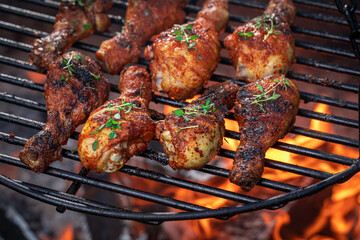 Wall Mural - Homemade grilled chicken leg on grill grate with fire.