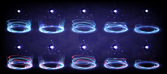 sci-fi high-technology stage collection in glowing hud. hologram portal swirl light of science futur