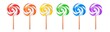 Watercolor illustration set of multi colored swirly lollipop candies on wooden stick. Symbol of joy. Hand painted water color sketch on white, isolated clipart elements for bright design decoration.