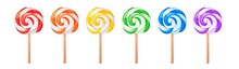 Watercolor Illustration Set Of Multi Colored Swirly Lollipop Candies On Wooden Stick. Symbol Of Joy. Hand Painted Water Color Sketch On White, Isolated Clipart Elements For Bright Design Decoration.