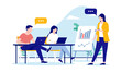 © Knut - Business presentation vector people - Woman presenting chart and graph to colleagues. Results and data concept. Flat design illustration with white background