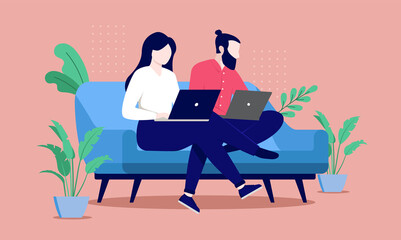 Poster - Couple working on computers in sofa - Two people, man and woman sitting in couch with laptops. Flat design vector illustration