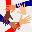 Hands of people of different nationalities and religions who stick together in a community in the fight for equality. Feminism concept for postcards, posters. 