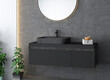 Black bathroom sink standing on a wooden bathroom furniture. A square mirror hanging on a concrete wall. A close up. Side view. 3d rendering
