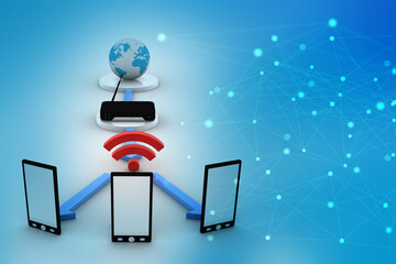 Poster - 3d rendering Transmitter mobile WiFi around modem
