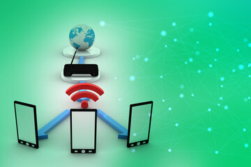 Poster - 3d rendering Transmitter mobile WiFi around modem
