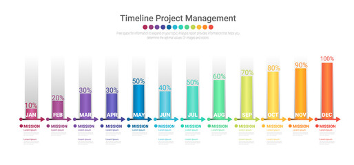 Project timeline graph for 12 months, 1 year, All month planner design and Presentation business project.