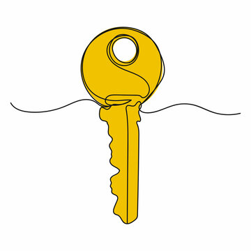 Vector abstract continuous one single simple line drawing icon of door key in silhouette sketch.