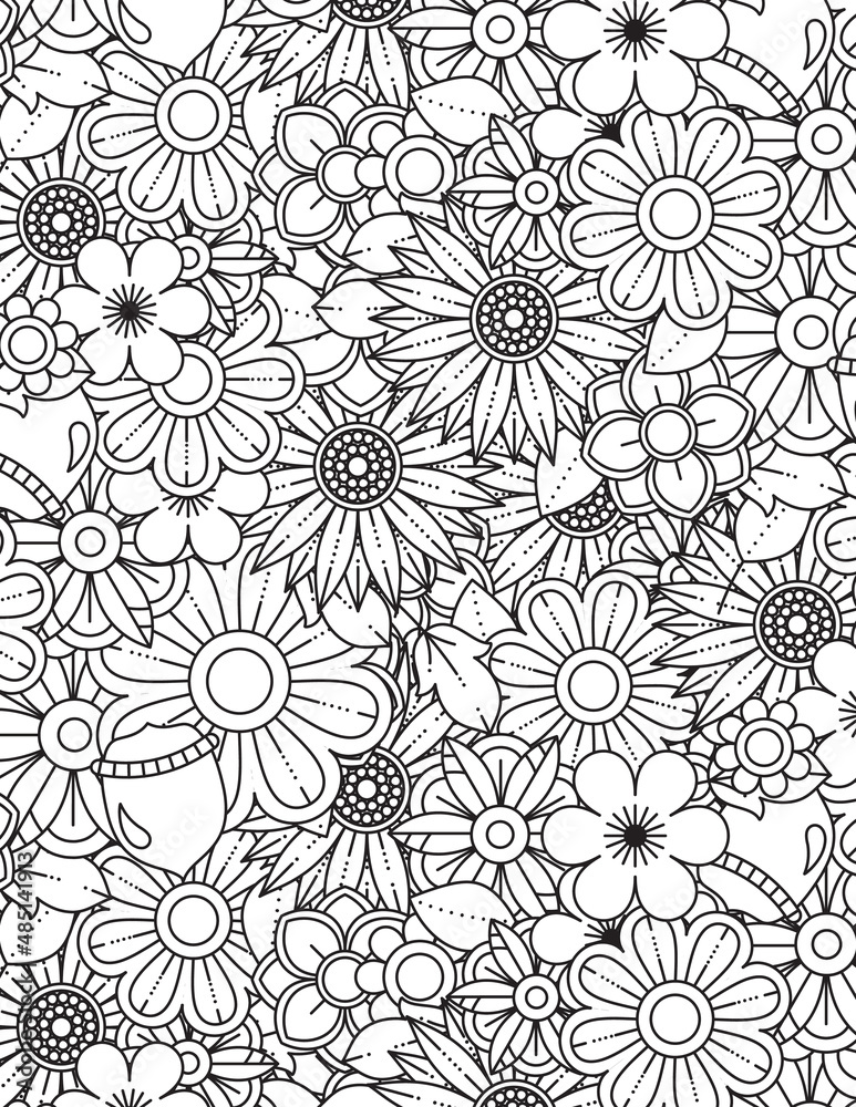 Coloring page for adults with abstract doodle background. Floral