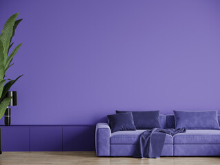 Modern living room with sofa. The bright color of the interior design is very peri or blue with purple. Mockup room with empty painting wall. 3d rendering