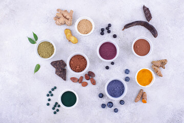 Wall Mural - Various healthy superfoods powder assortment