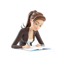 3d Cartoon Woman Doing Her Homework