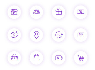 Wall Mural - e commerce purple color outline vector icons on light round buttons with purple shadow. e commerce icon set for web, mobile apps, ui design and print