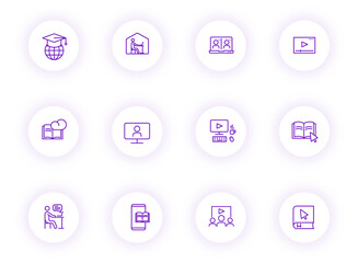 Wall Mural - e learning purple color outline vector icons on light round buttons with purple shadow. e learning icon set for web, mobile apps, ui design and print