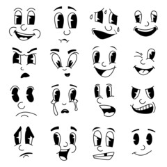 Funny cartoon emotions. Mascot faces from retro cartoons. 30s 40s 50s clipart characters. Angry or happy smiley. Caricatures with eyes mouths and eyebrows. Vector facial expressions set