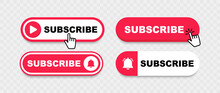 Subscribe Button With Bell And Hand Cursor. Subscribe To Video Channel. Buttons Subscriptions For Social Media. Web Buttons For Promotion And Marketing. Vector Illustration.