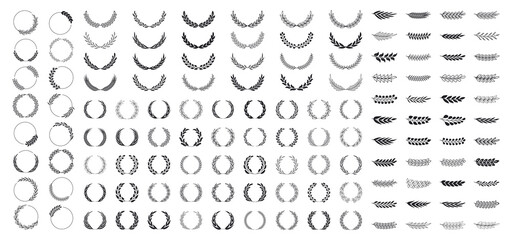 Set of wreaths and branches with leaves. Hand drawing laurel wreaths and branches collection. Laurels wreaths, swirls, twigs and flower ornaments. Herbs, flowers and plants elements. Design elements.