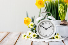 Spring Change, Daylight Saving Time Concept. White Alarm Clock And Flowers On The Wooden Table. Copy Space