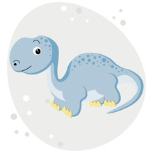 Cute Light Blue Baby Dinosaur On A Gentle Abstract Background, Children's Illustration, Postcard, Print