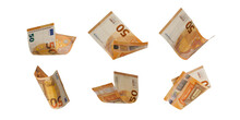 Flying 50 Euro Cash Banknotes Isolated On White Background
